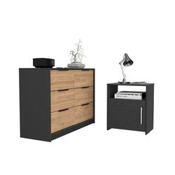 Bangor 2 Piece Bedroom Set, Egeo 4 Drawer Dresser + Omaha Nightstand, Black / Pine - Depot E-Shop CBED117