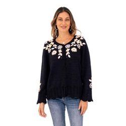 Garden Bloom,'Crocheted Alpaca Cotton Cardigan with Floral Hand Embroidery'