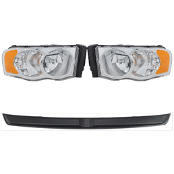 2003 Dodge Ram 1500 4-Piece Kit Driver and Passenger Side Headlights with Bumper Trims, with Bulbs, Halogen