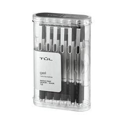 TUL Retractable Gel Pens, Needle Point, 0.7 mm, Silver Barrel, Black Ink, Pack Of 12 Pens