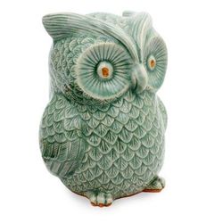 Celadon ceramic statuette, 'Light Green Wise Owl'