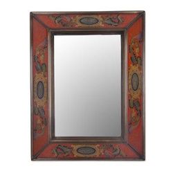 Floral Medallions in Scarlet,'Floral Reverse Painted Glass Mirror in Scarlet from Peru'