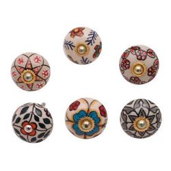 Harmonious Flowers,'Colorful Floral Ceramic Knobs from India (Set of 6)'