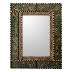 Green Peruvian Elegance,'Reverse Painted Glass and Wood Framed Wall Mirror from Peru'