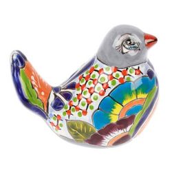 'Bird-Themed Hacienda Painted Ceramic Figurine in Grey'