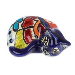 Dormant Feline,'Hacienda-Themed Painted Blue Ceramic Cat Figurine'