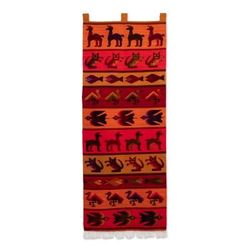 Origin and Fauna,'Animal-Themed Loomed Wool Tapestry in Red Hues'
