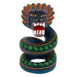'Wood Quetzalcoatl Serpent Figurine Hand-Painted in Mexico'