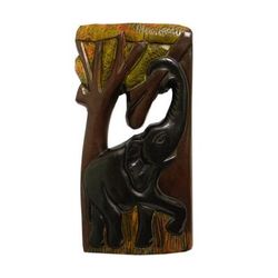 Aboa Kese,'Hand-Carved Elephant-Themed Sese Wood Wall Art'