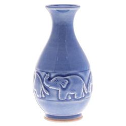 Joyful Elephants,'Celadon Ceramic Elephant Vase in Blue Handmade in Thailand'