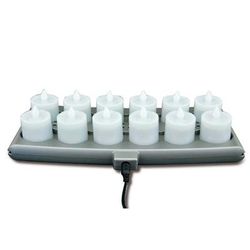 Hollowick HFRP12-A 1 1/2" Round LED Flameless Votive Candles Set w/ Charging Tray - 2 3/10" H, Amber Flame