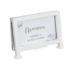 Cal-Mil 1262-15 Tabletop Menu Card Holder - 3 1/2" x 2", Acrylic/White Iron Frame, Clear Acrylic w/ Iron Frame