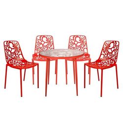 LeisureMod Devon Mid-Century Modern 5-Piece Aluminum Outdoor Patio Dining Set with Tempered Glass Top Table and 4 Stackable Flower Design Chairs for Patio, Poolside, Balcony, and Backyard Garden - Leisurmod DT31C4R