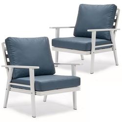 LeisureMod Walbrooke Outdoor Patio White Aluminum Armchairs With Cushions Set Of 2 - Leisurmod WW-31-27NBU2