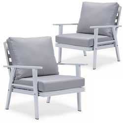 LeisureMod Walbrooke Outdoor Patio White Aluminum Armchairs With Cushions Set Of 2 - Leisurmod WW-31-27LGR2