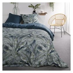 Parure de lit 2 personnes imprimé jungle en Coton Bleu 240x260 cm