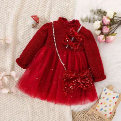 Robe de noël rouge pour bébé fille, manches longues, peluche, velours doré, paillettes, nœud papillon, maille, robe de princesse de fête