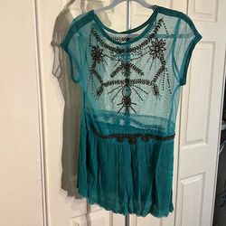Free People Tops | Free People Aqua Blue Beaded Top Small | Color: Blue/Silver | Size: S