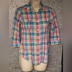 American Eagle Outfitters Tops | American Eagle Plaid Pink Top 3/4 Sleeve Womens Xs | Color: Pink | Size: Xs
