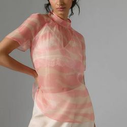 Anthropologie Tops | Anthropologie Daniel Rainn Mock-Neck Short-Sleeve Blouse | Color: Cream/Pink | Size: S