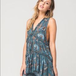 Free People Tops | Hp Free People Purple Haze Print V Neck Tunic Sz: L | Color: Blue/Tan | Size: L