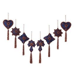 'Teal Splendor' (set of 8) - Artisan Crafted Christmas Ornament Set 8 Beaded Embro