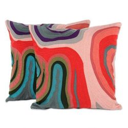 Abstract Morning,'Abstract Embroidered Cotton Cushion Covers from India (Pair)'
