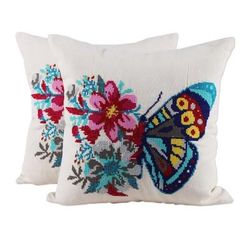 Butterfly Universe in Beige,'Embroidered Beige Butterfly Cotton Cushion Covers (Pair)'