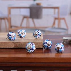 The Forest Blue,'Set of 6 Handcrafted Blue and White Leafy Ceramic Knobs'