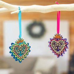 '2 Hand-Painted Heart-Shaped Wood Ornaments with Ribbons'