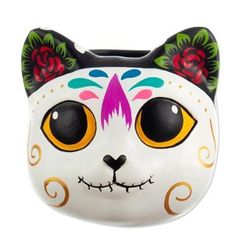 'Painted Day of the Dead Cat-Shaped Ceramic Pencil Holder'