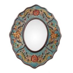 'Turquoise Floral Reverse-Painted Glass Wall Mirror from Peru'