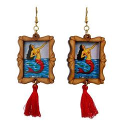 Siren Call,'Handcrafted Mermaid Wood Frame Dangle Earrings with Tassels'