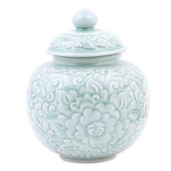 Flower Fairy,'Hand Crafted Celadon Ceramic Floral-Themed Jar'