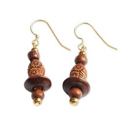 Wooden Garden,'Floral Sese Wood Beaded Dangle Earrings from Ghana'