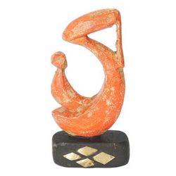 'Hand-Painted Mother Child Wood Sculpture with Brass Accents'