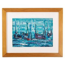 Sailboats in Blue,'Framed Signed Expressionist Blue Oil Painting of Sailboats'