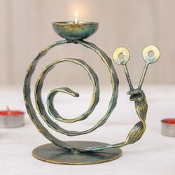 Happy Snail in Green,'Handcrafted Iron Snail Tealight Holder with Antique Finish'