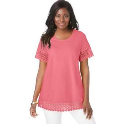 Plus Size Women's Stretch Cotton Crochet Trim Tunic by Jessica London in Tea Rose (Size 12) Long Shirt