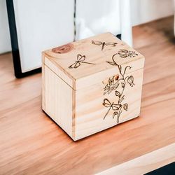 'Carved Floral and Dragonfly-Themed Pinewood Decorative Box'
