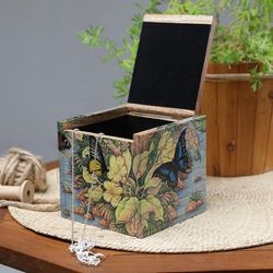 'Butterfly Leaf & Floral-Themed Hand-Painted Wood Jewelry Box'