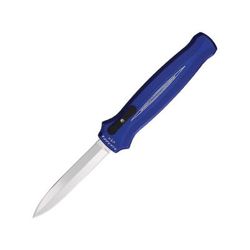 Piranha Knives Auto Rated-X Automatic Folding Knife 3.5in 154CM Satin Plain Dagger Blade Blue Aluminum Handle P-20B