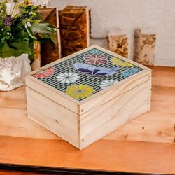 Delightful Spring,'Handcrafted Floral Mosaic Pinewood Tea Box in White'