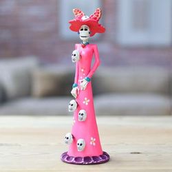 'Hand-Painted Skull Lady Catrina Ceramic Sculpture in Pink'