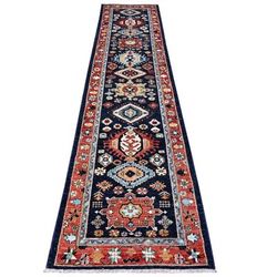 Mid Night Blue with Barn Red Border, Karajeh Design, Good Condition, Soft Wool Hand Knotted, Fine Aryana, Runner Rug 2'7"x11'7"
