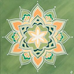Mandala,'Acrylic Painting of a Lotus Flower Mandala in Green & Orange'