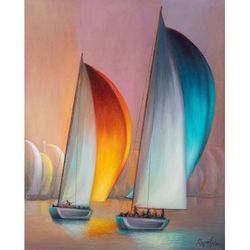 Yacht Racing,'Signed Impressionist Oil on Canvas Seascape Painting'