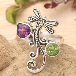 'Dragonfly-Themed 1-Carat Peridot and Amethyst Cocktail Ring'