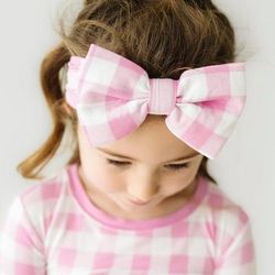 Pink Gingham Luxe Baby Girl Soft & Stretchy Bamboo Bow Headbands - Newborn - 3T