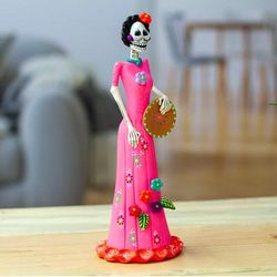 'Hand-Painted Catrina & Plate Ceramic Sculpture from Mexico'